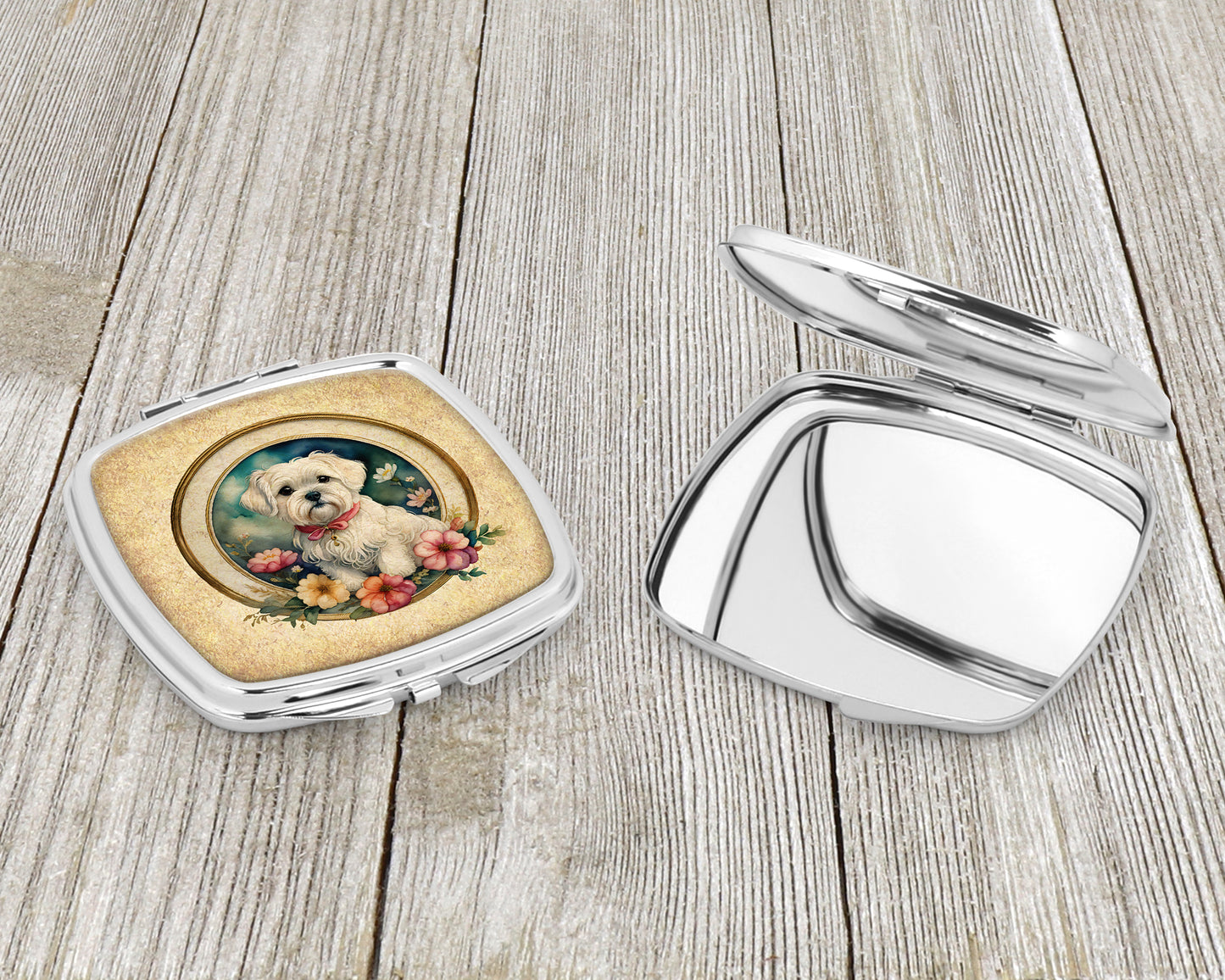 Maltese and Flowers Compact Mirror