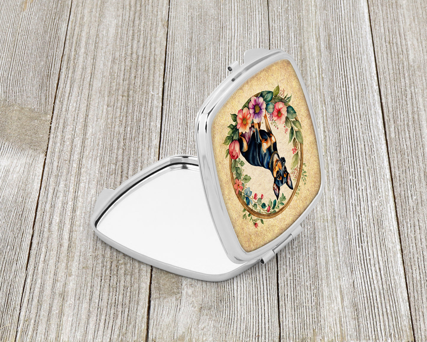 Miniature Pinscher and Flowers Compact Mirror