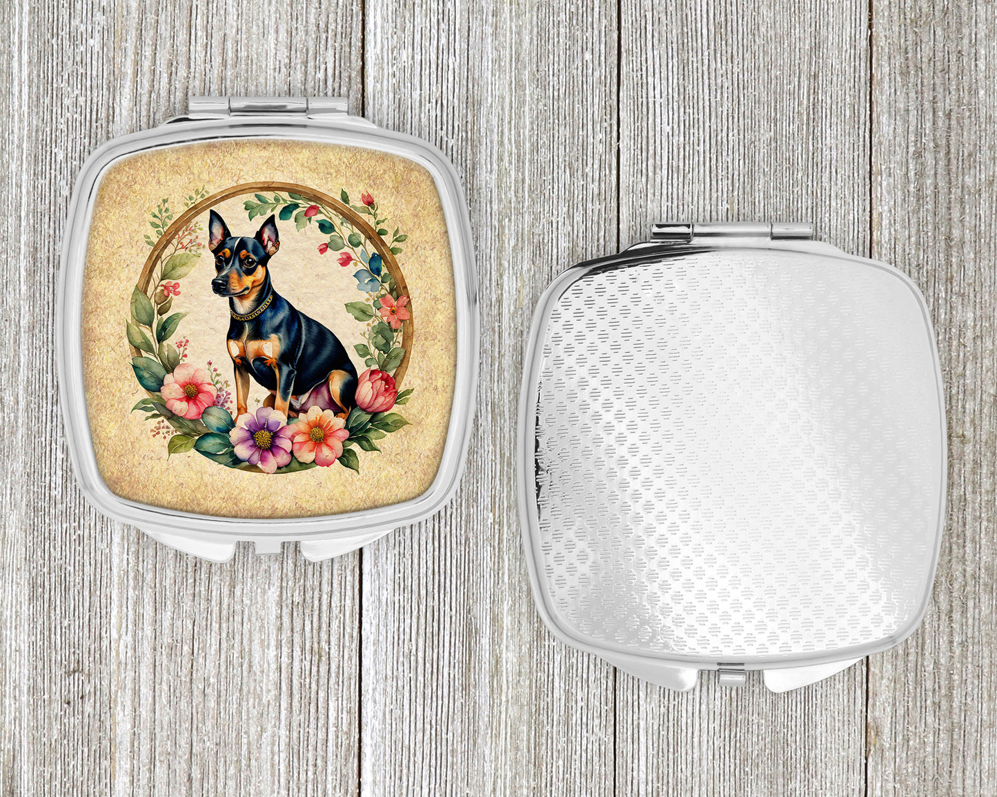 Miniature Pinscher and Flowers Compact Mirror