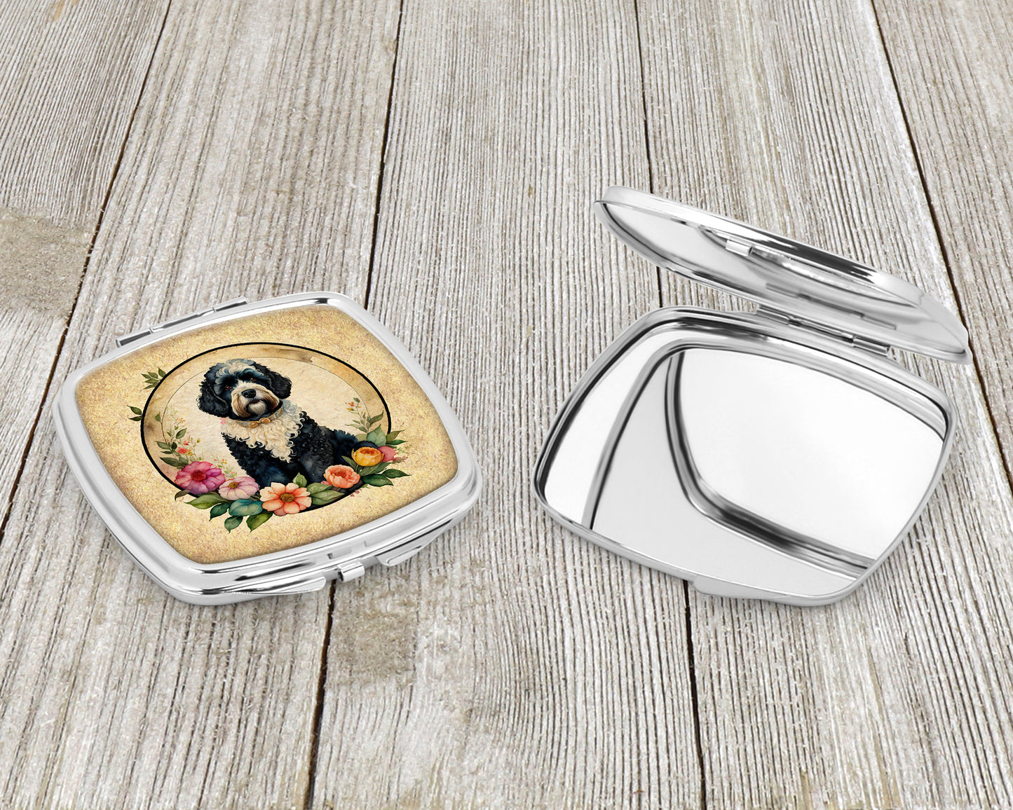 Portuguese Water Dog and Flowers Compact Mirror