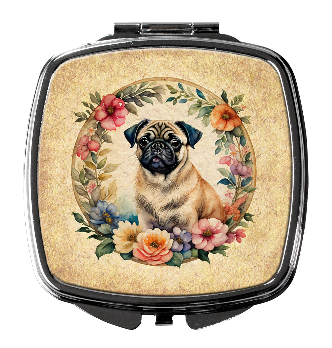 Buy this Fawn Pug and Flowers Compact Mirror