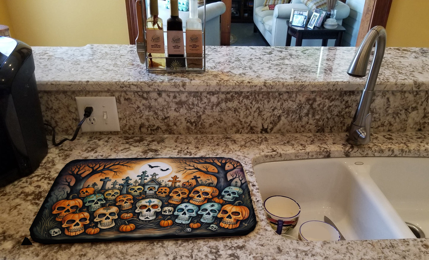 Calaveras Sugar Skulls Spooky Halloween Dish Drying Mat