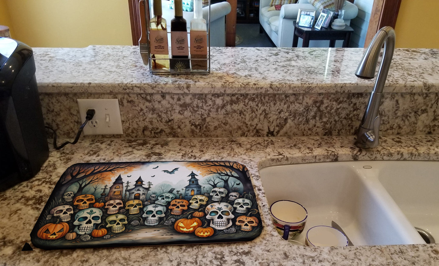 Calaveras Sugar Skulls Spooky Halloween Dish Drying Mat