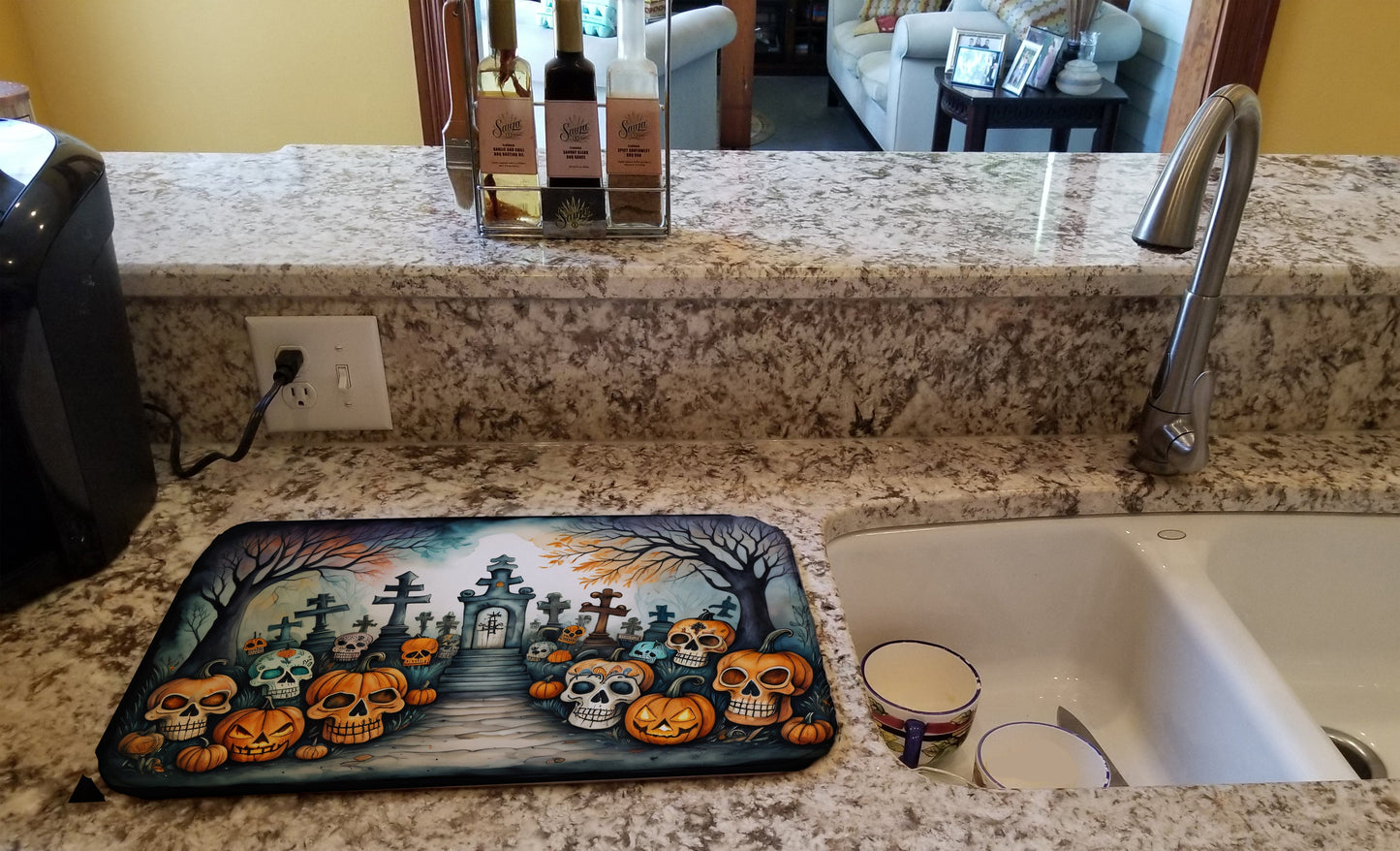 Calaveras Sugar Skulls Spooky Halloween Dish Drying Mat