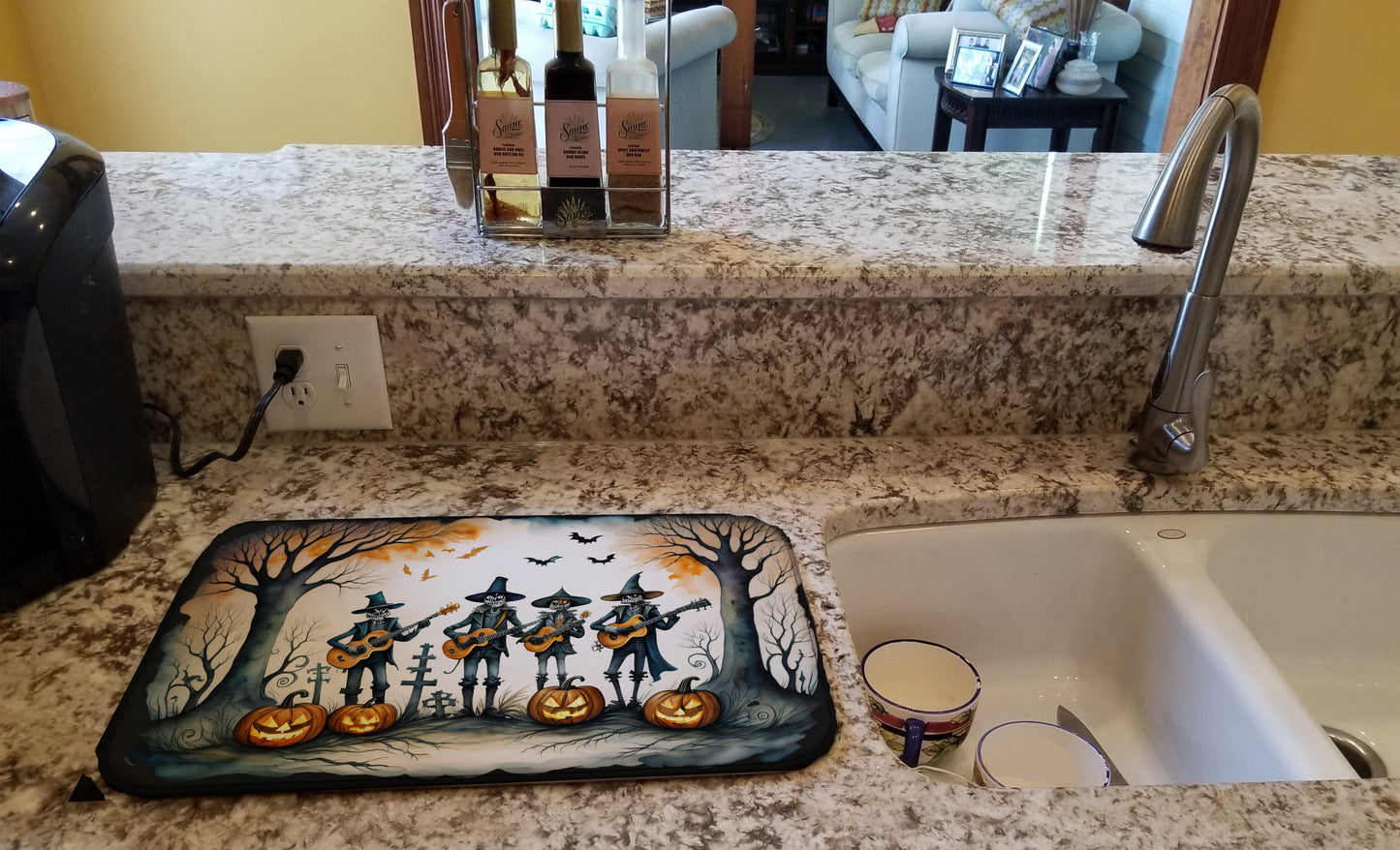 Mariachi Skeleton Band Spooky Halloween Dish Drying Mat