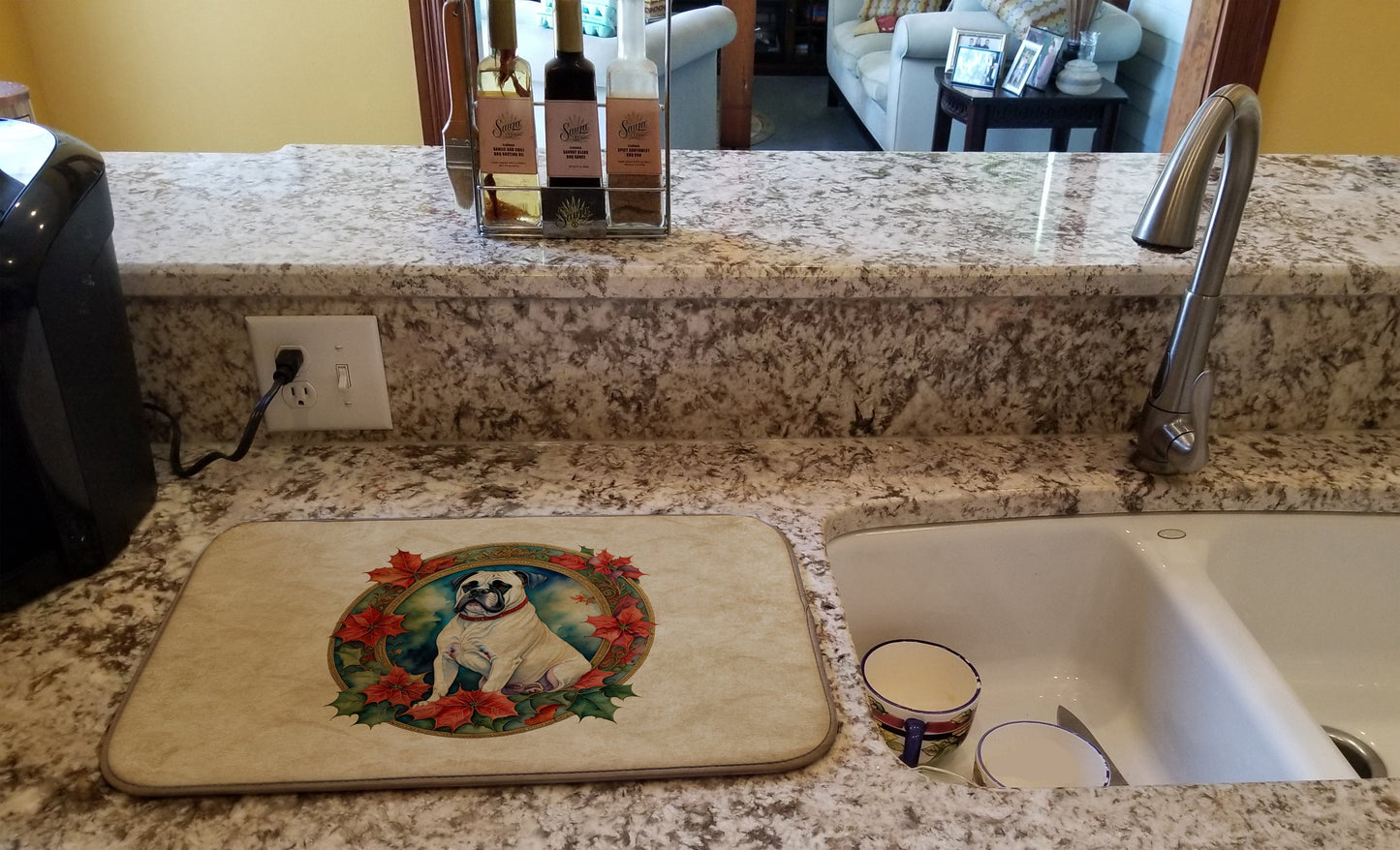 White Boxer Christmas Flowers Dish Drying Mat
