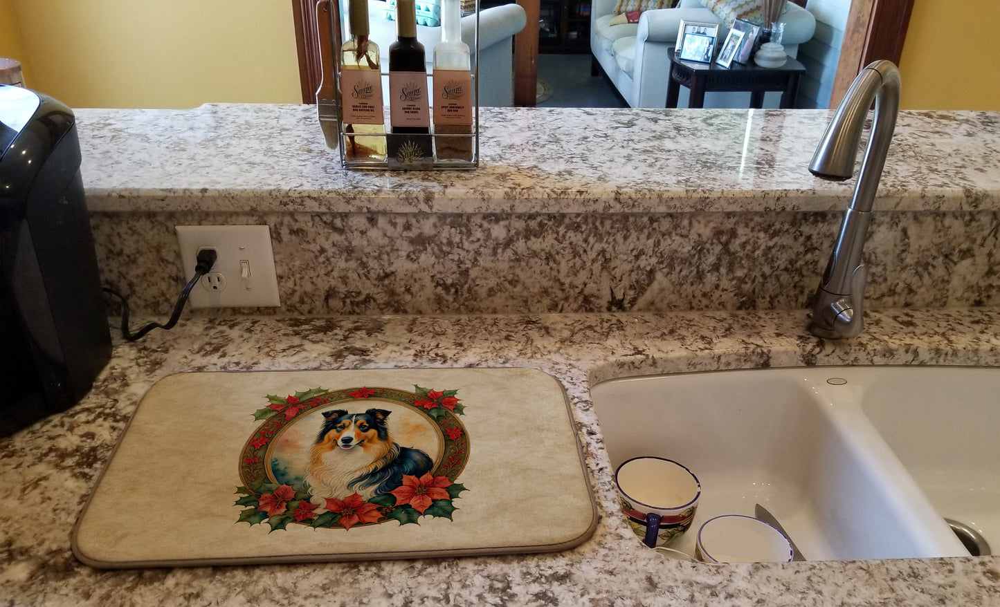 Collie Christmas Flowers Dish Drying Mat