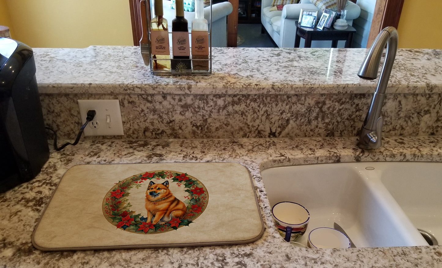 Finnish Spitz Christmas Flowers Dish Drying Mat