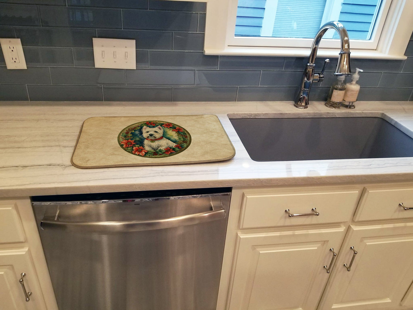 Westie Christmas Flowers Dish Drying Mat