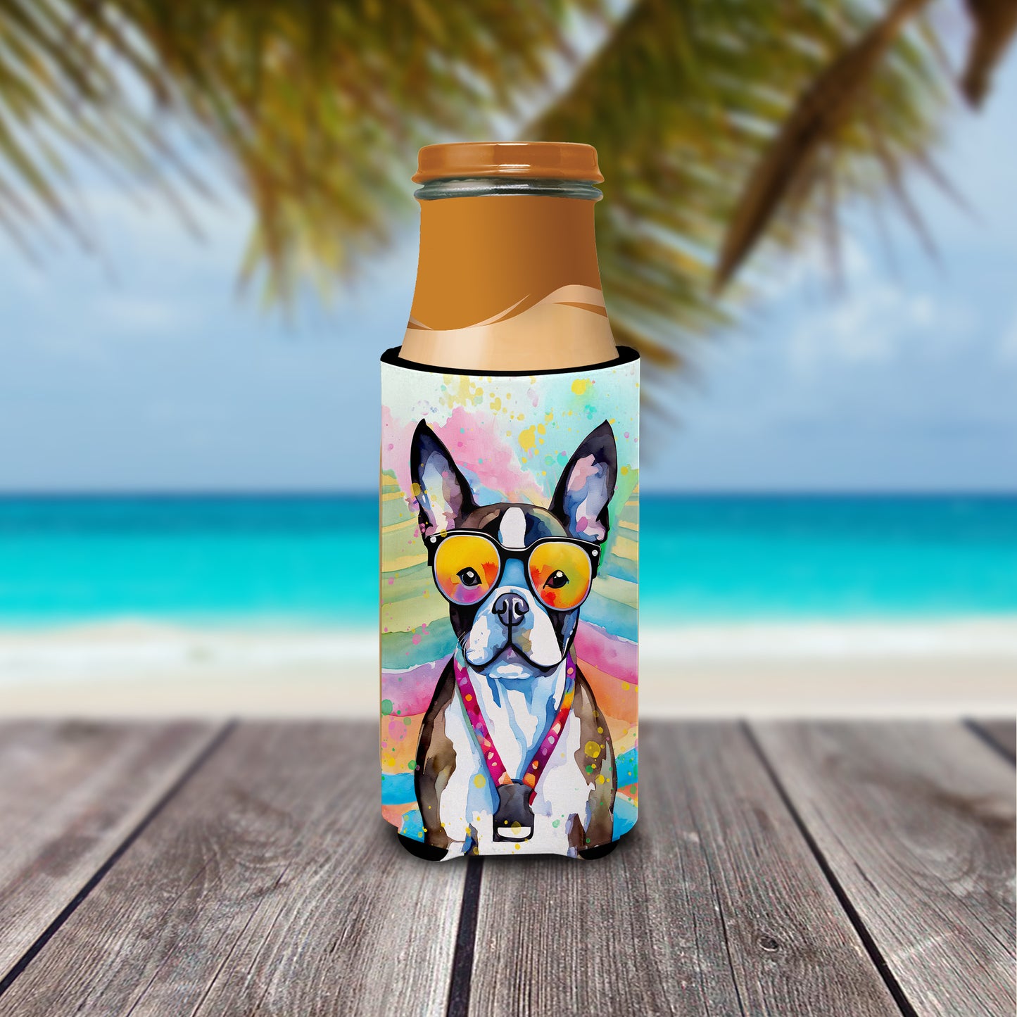 Boston Terrier Hippie Dawg Hugger for Ultra Slim Cans