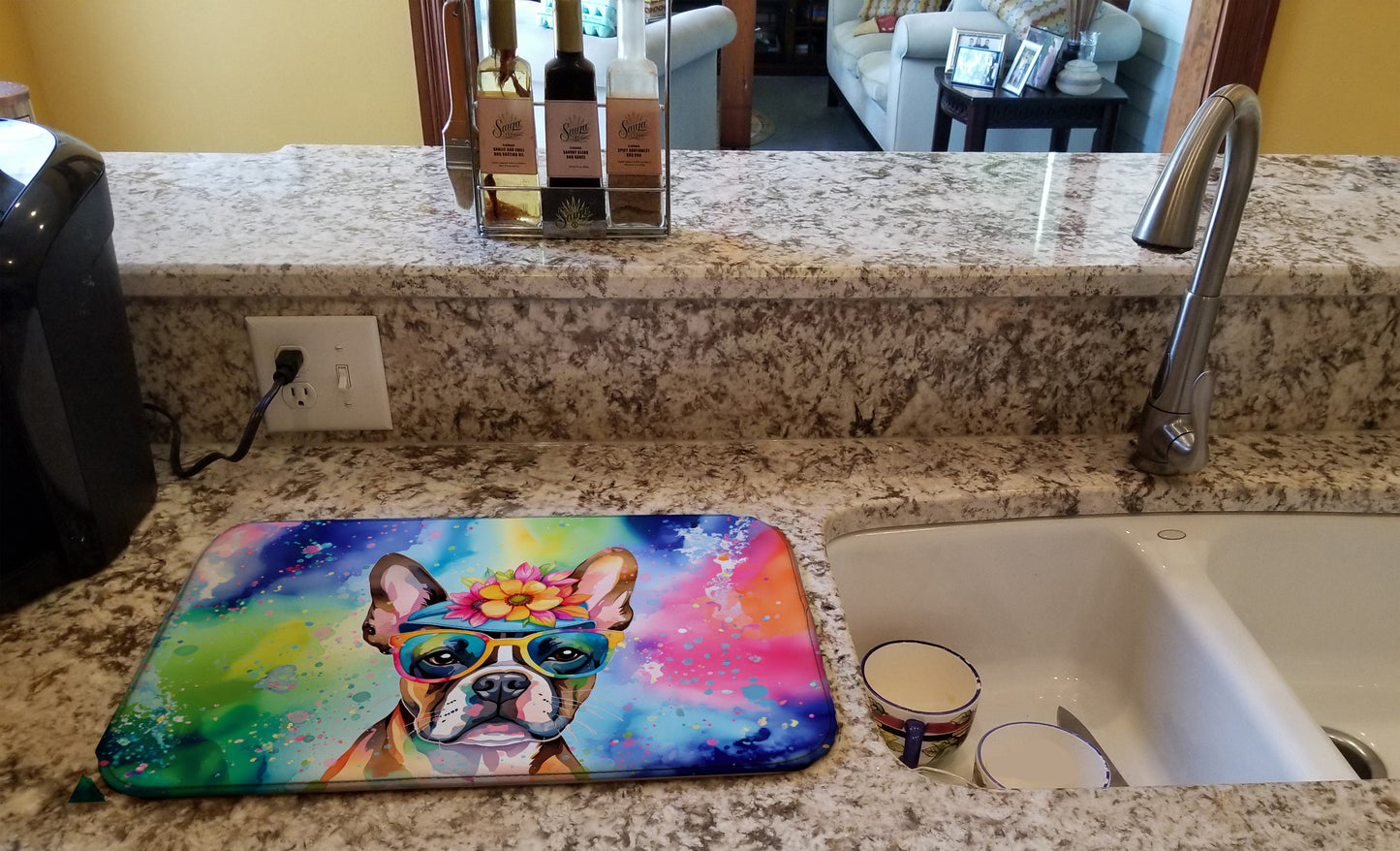 Boston Terrier Hippie Dawg Dish Drying Mat