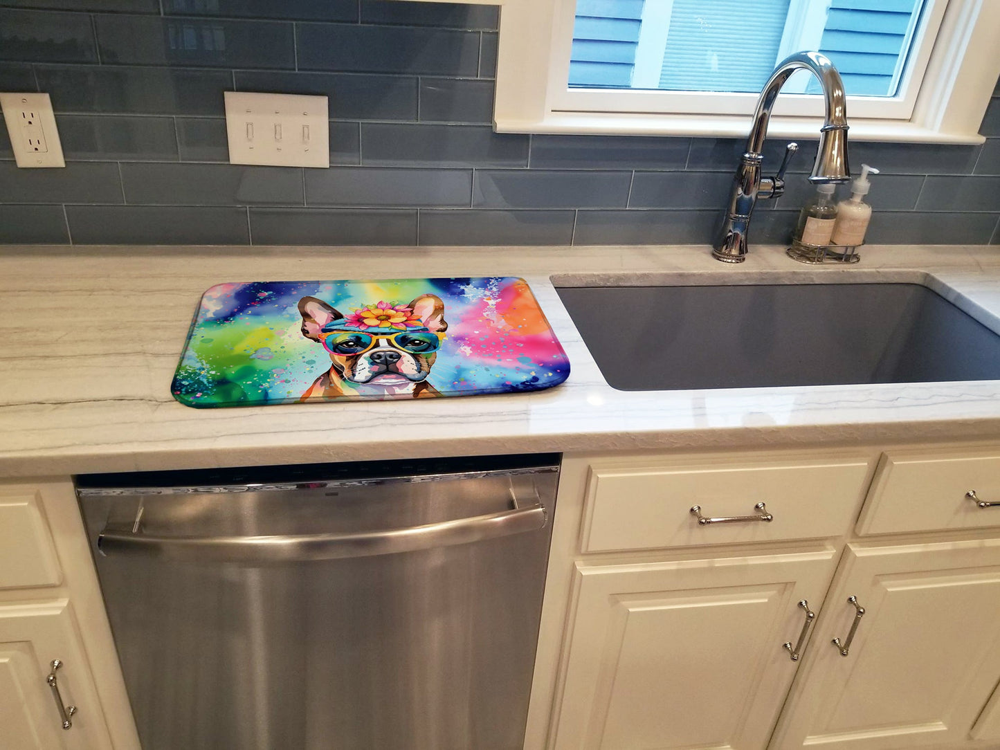 Boston Terrier Hippie Dawg Dish Drying Mat