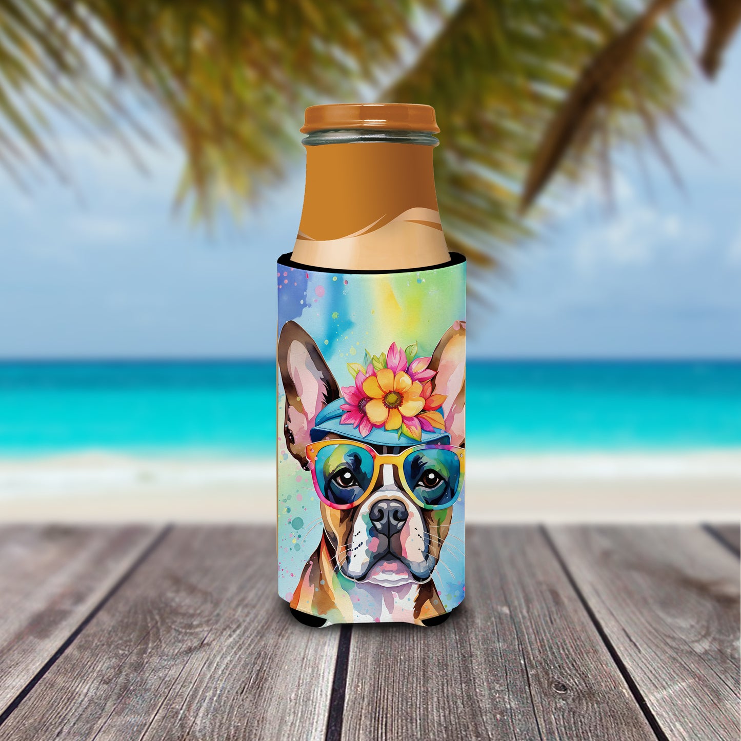 Boston Terrier Hippie Dawg Hugger for Ultra Slim Cans