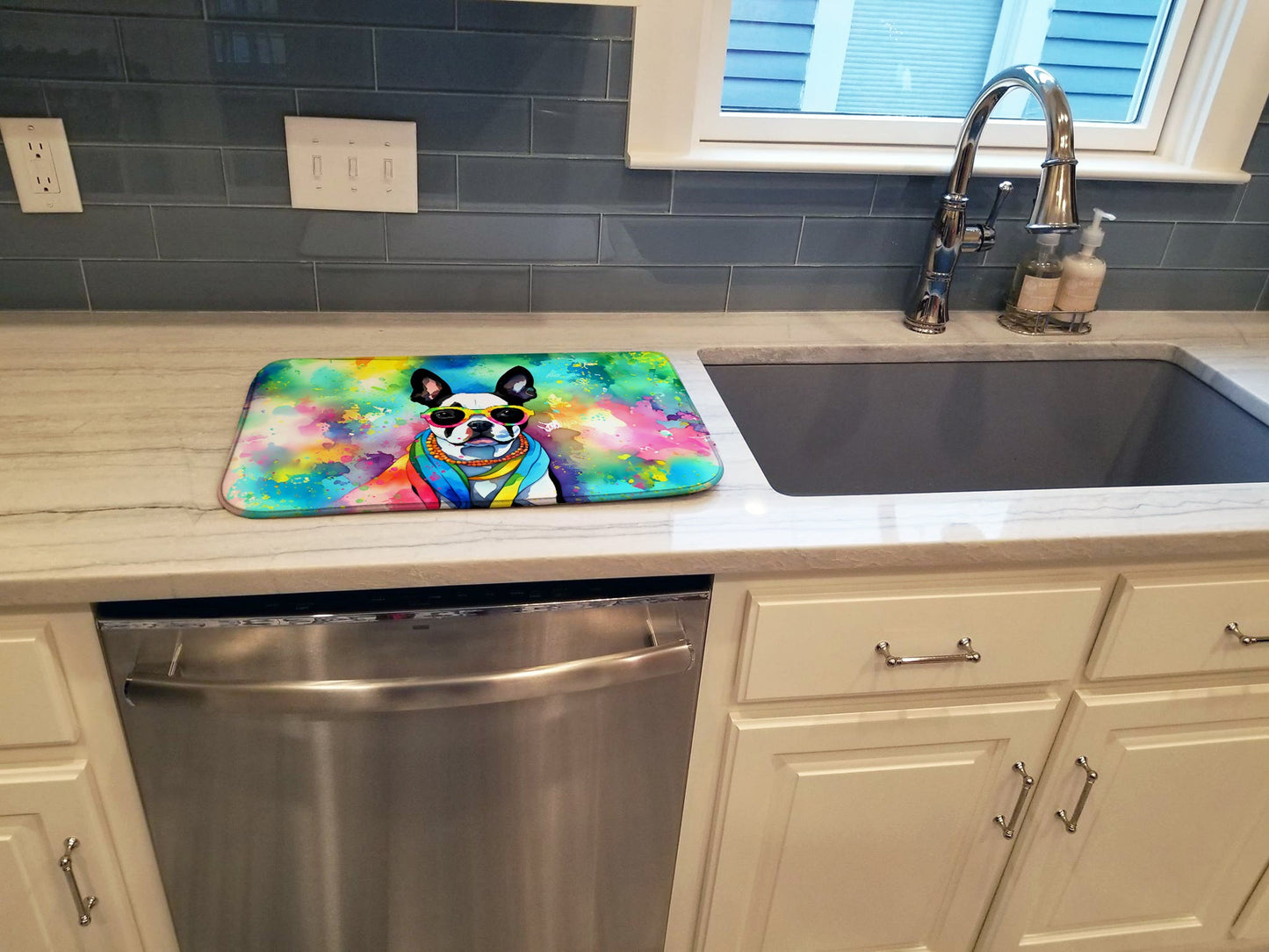 Boston Terrier Hippie Dawg Dish Drying Mat