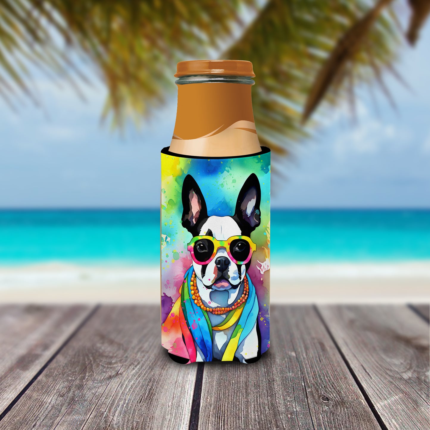 Boston Terrier Hippie Dawg Hugger for Ultra Slim Cans