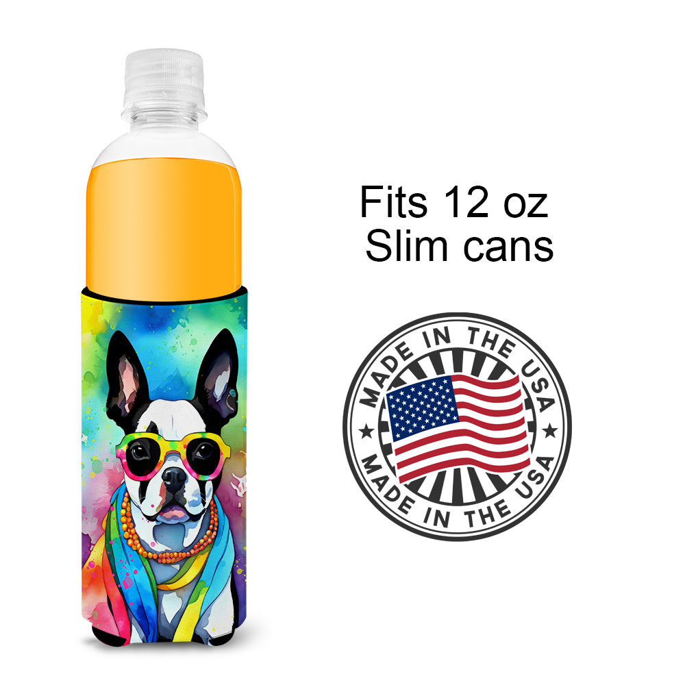 Boston Terrier Hippie Dawg Hugger for Ultra Slim Cans