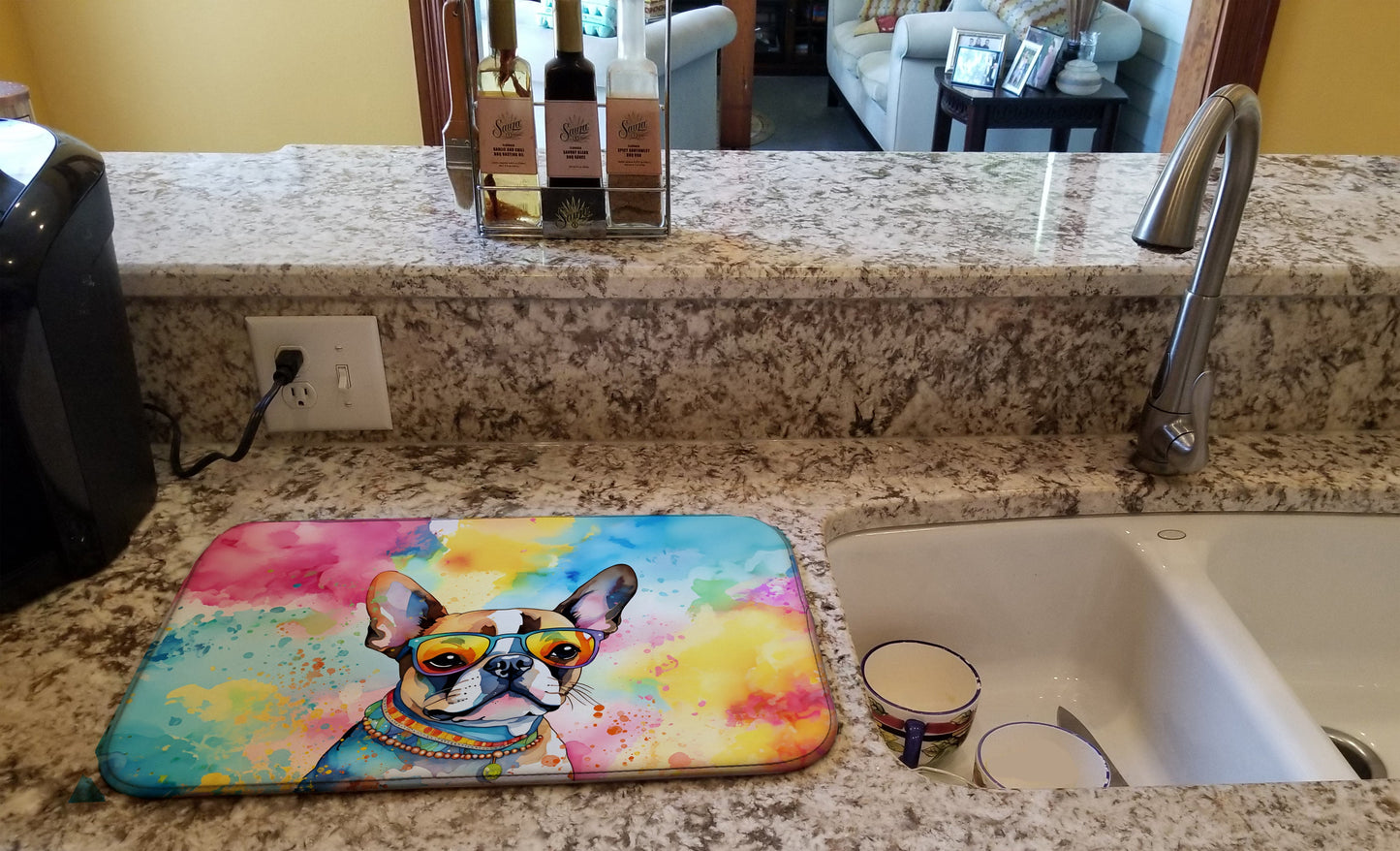 Boston Terrier Hippie Dawg Dish Drying Mat