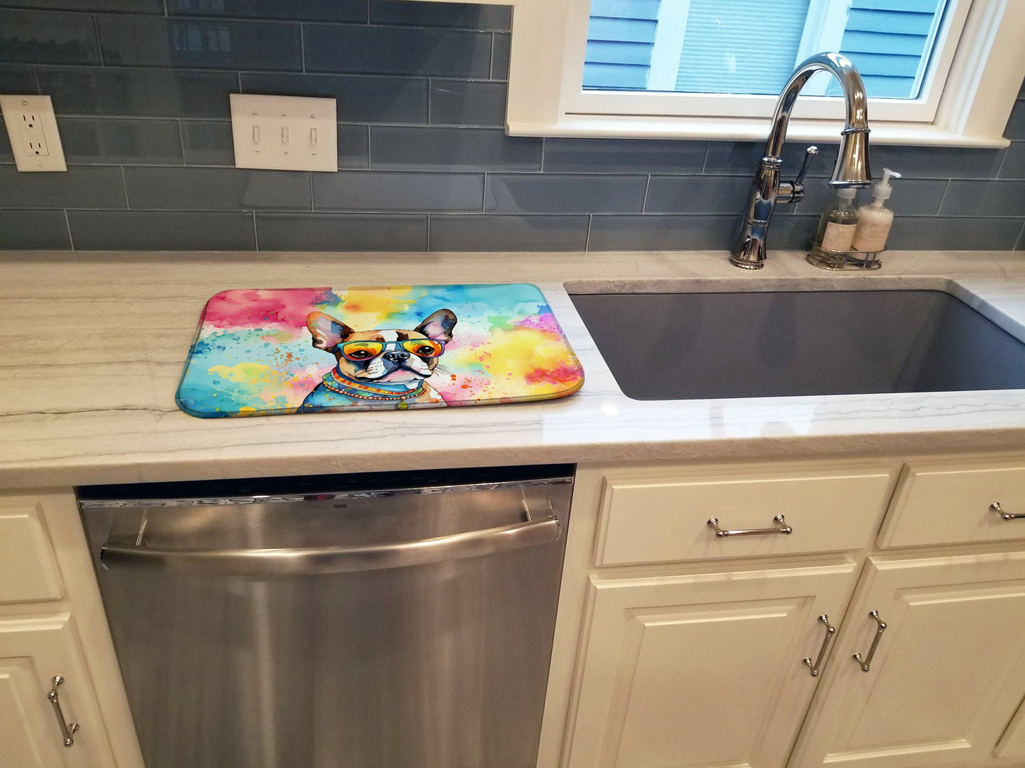 Boston Terrier Hippie Dawg Dish Drying Mat