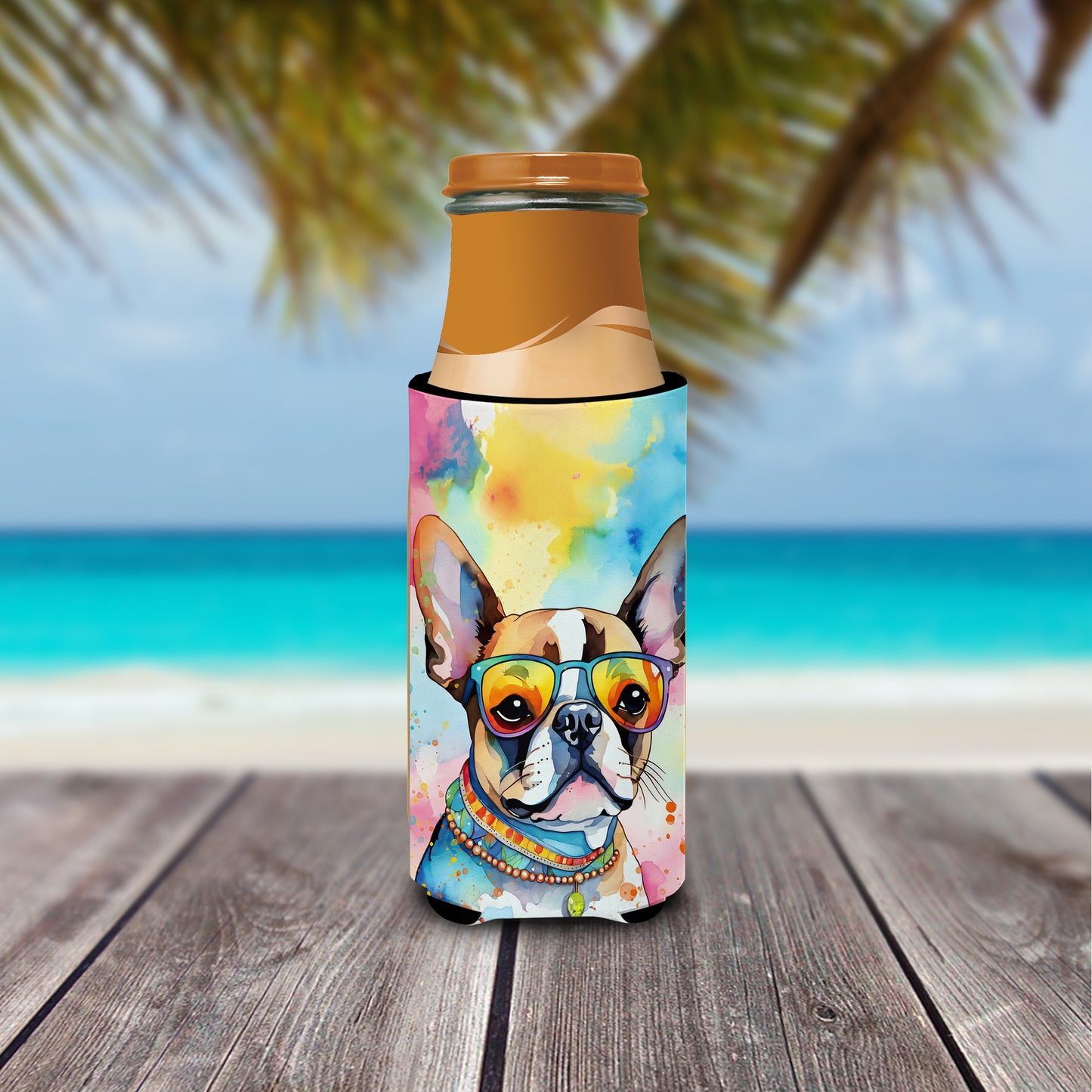 Boston Terrier Hippie Dawg Hugger for Ultra Slim Cans