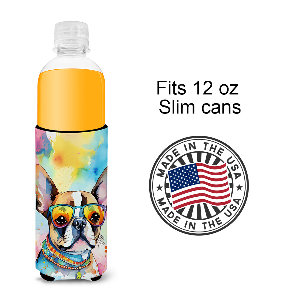 Boston Terrier Hippie Dawg Hugger for Ultra Slim Cans