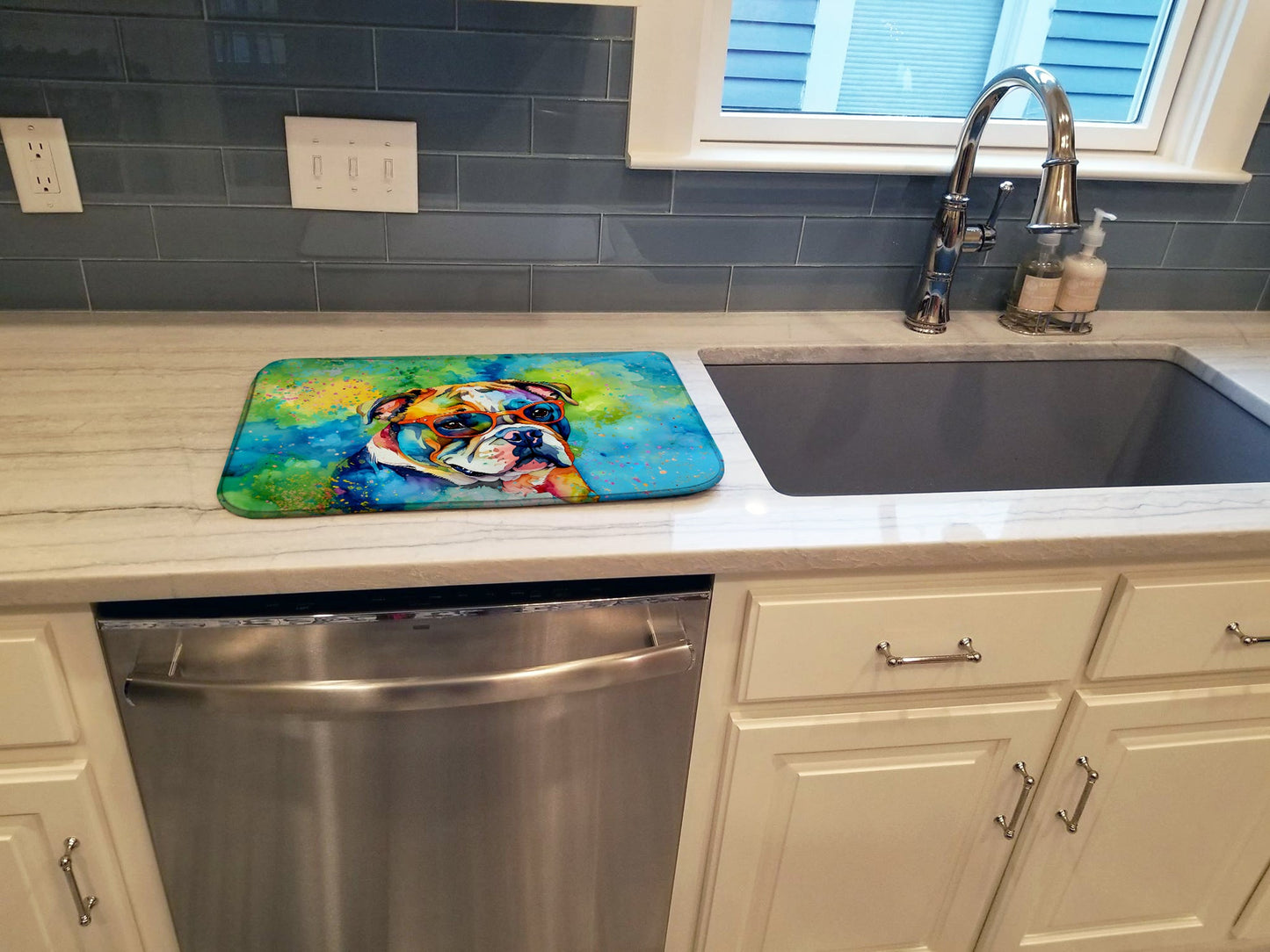 English Bulldog Hippie Dawg Dish Drying Mat