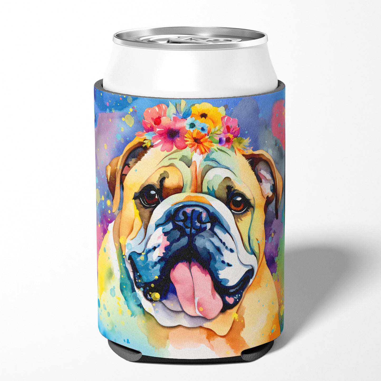 English Bulldog Hippie Dawg Can or Bottle Hugger