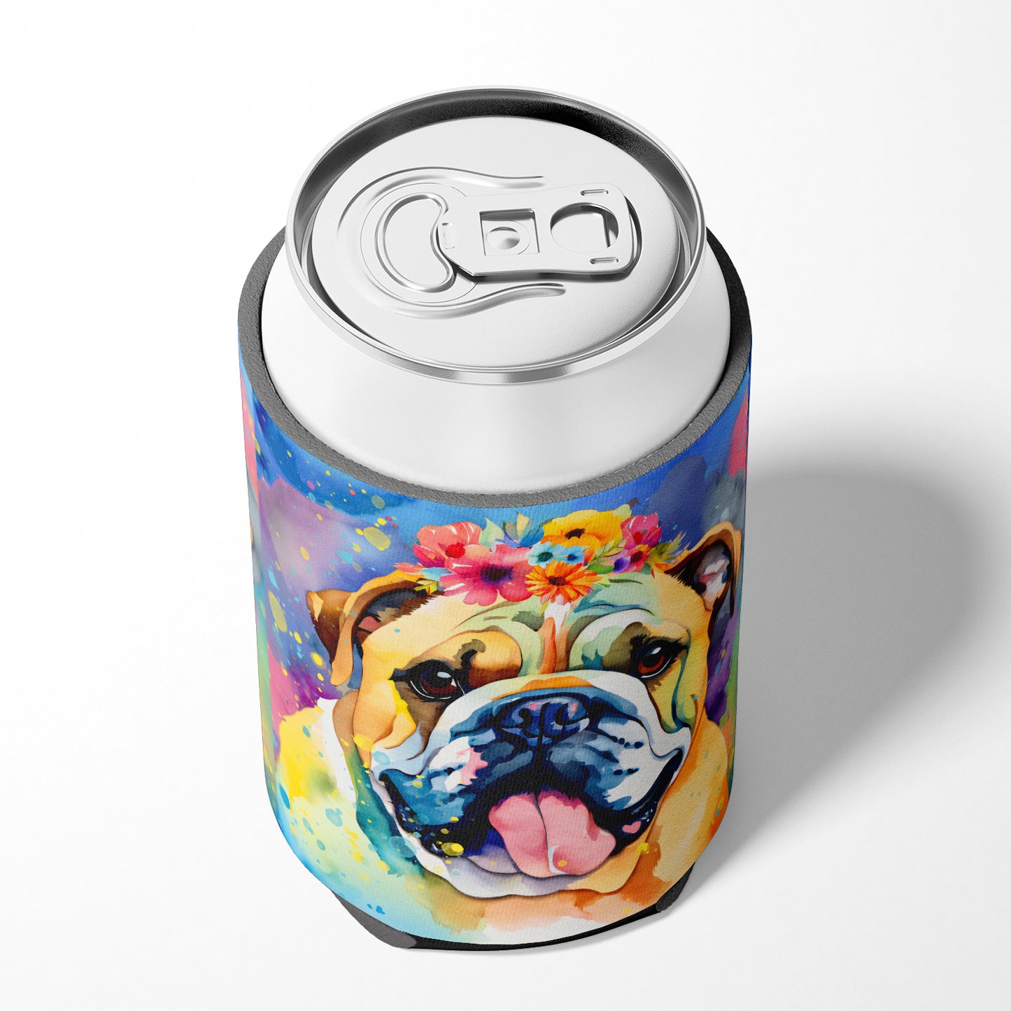 English Bulldog Hippie Dawg Can or Bottle Hugger