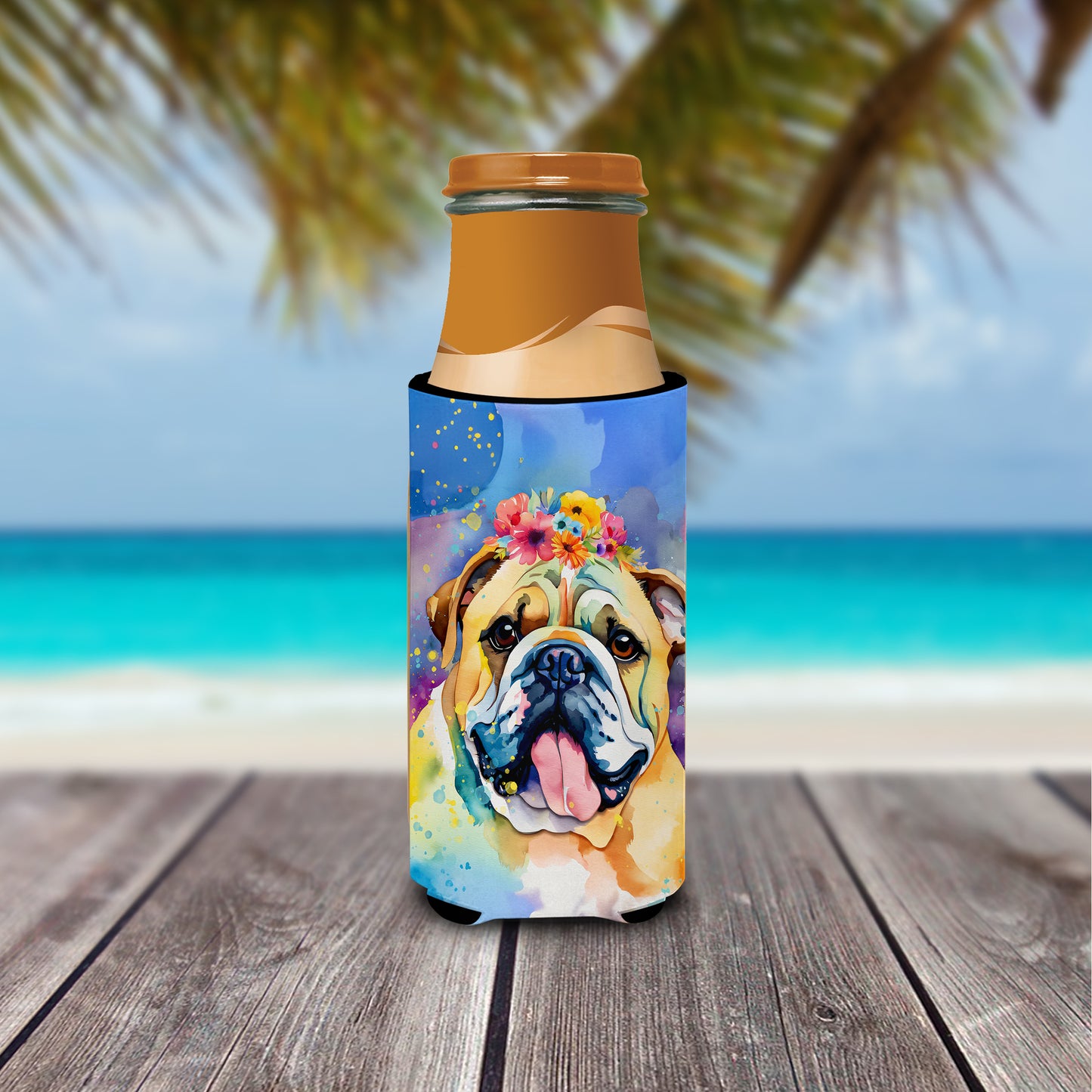 English Bulldog Hippie Dawg Hugger for Ultra Slim Cans