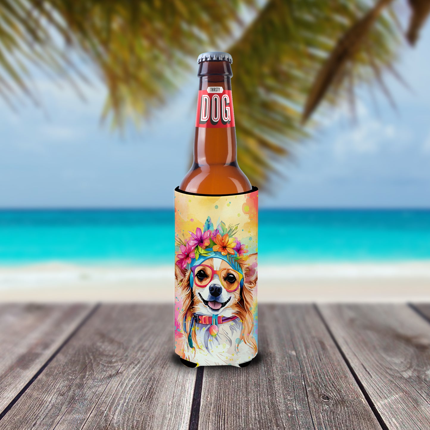 Chihuahua Hippie Dawg Hugger for Ultra Slim Cans