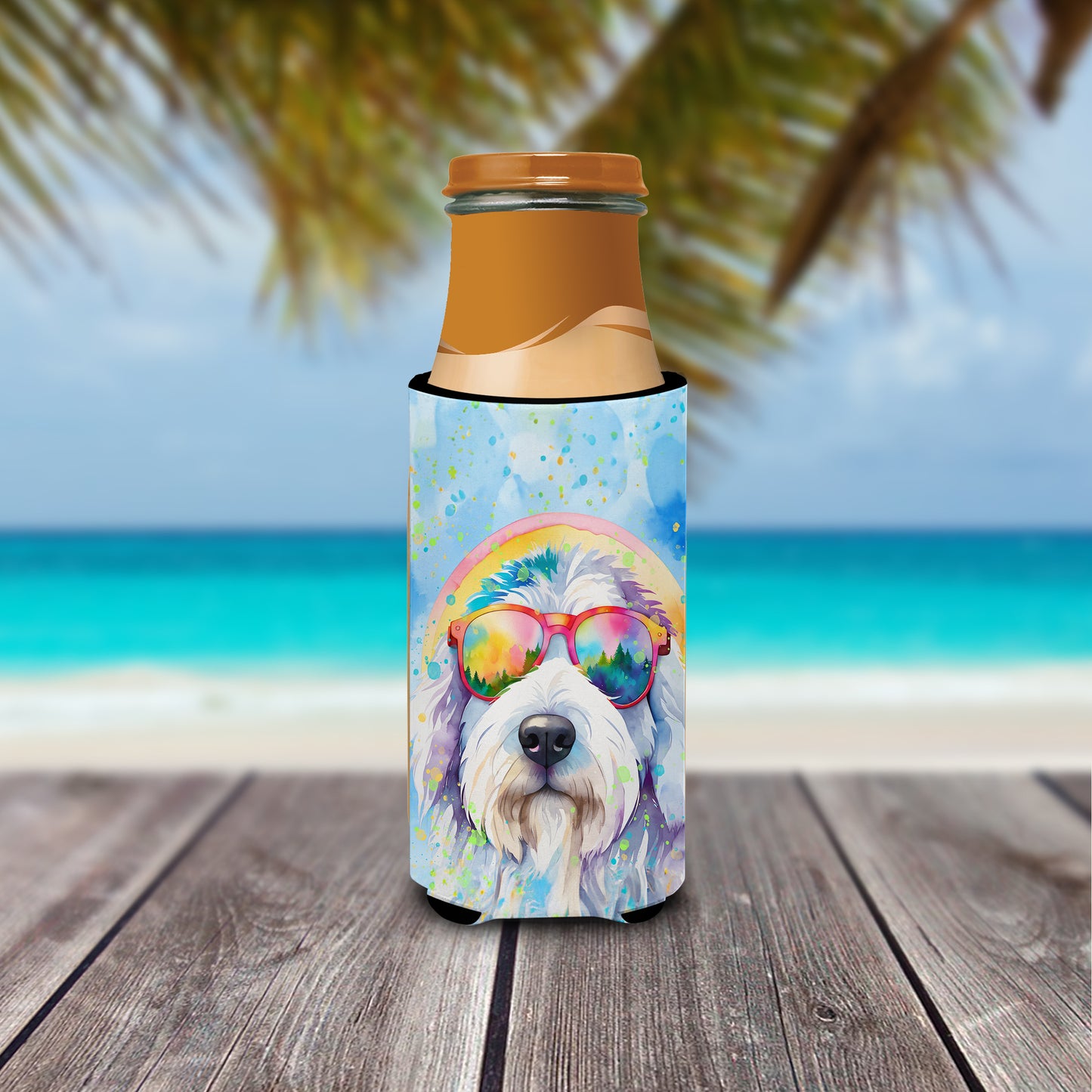 Old English Sheepdog Hippie Dawg Hugger for Ultra Slim Cans