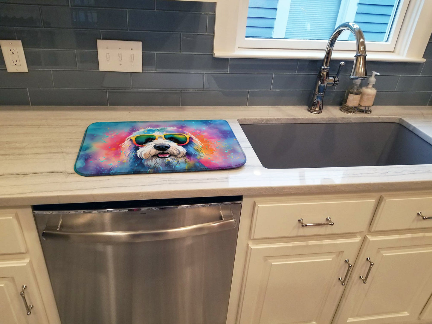 Old English Sheepdog Hippie Dawg Dish Drying Mat