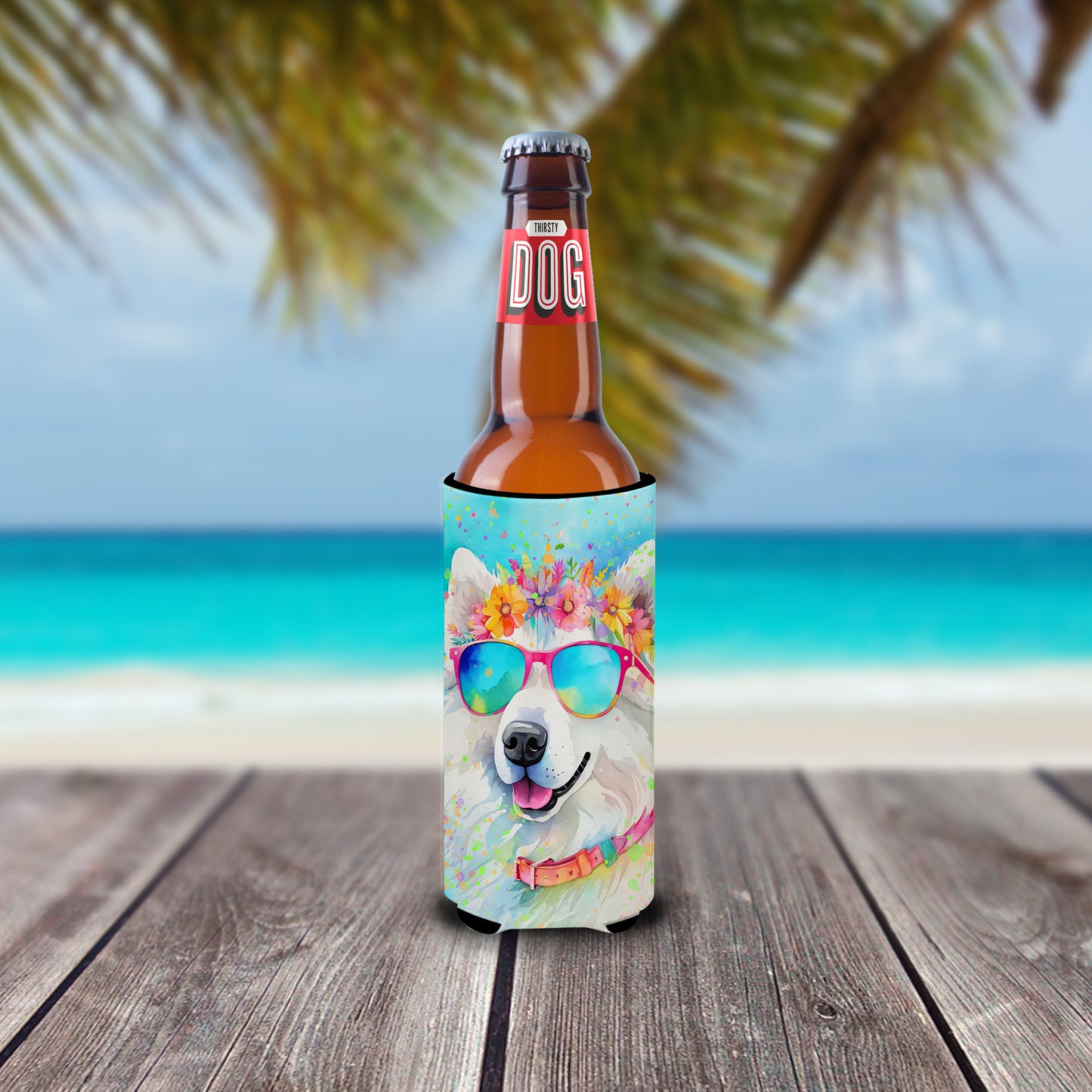 Samoyed Hippie Dawg Hugger for Ultra Slim Cans