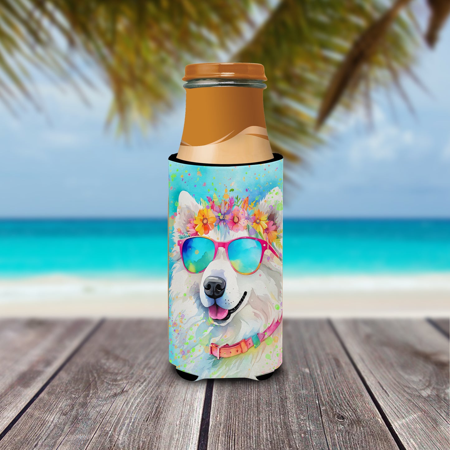 Samoyed Hippie Dawg Hugger for Ultra Slim Cans