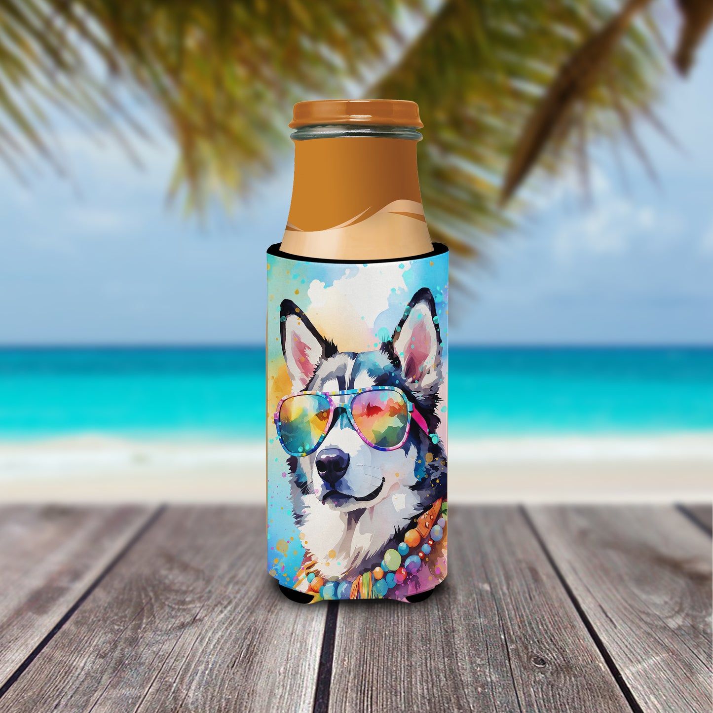 Siberian Husky Hippie Dawg Hugger for Ultra Slim Cans