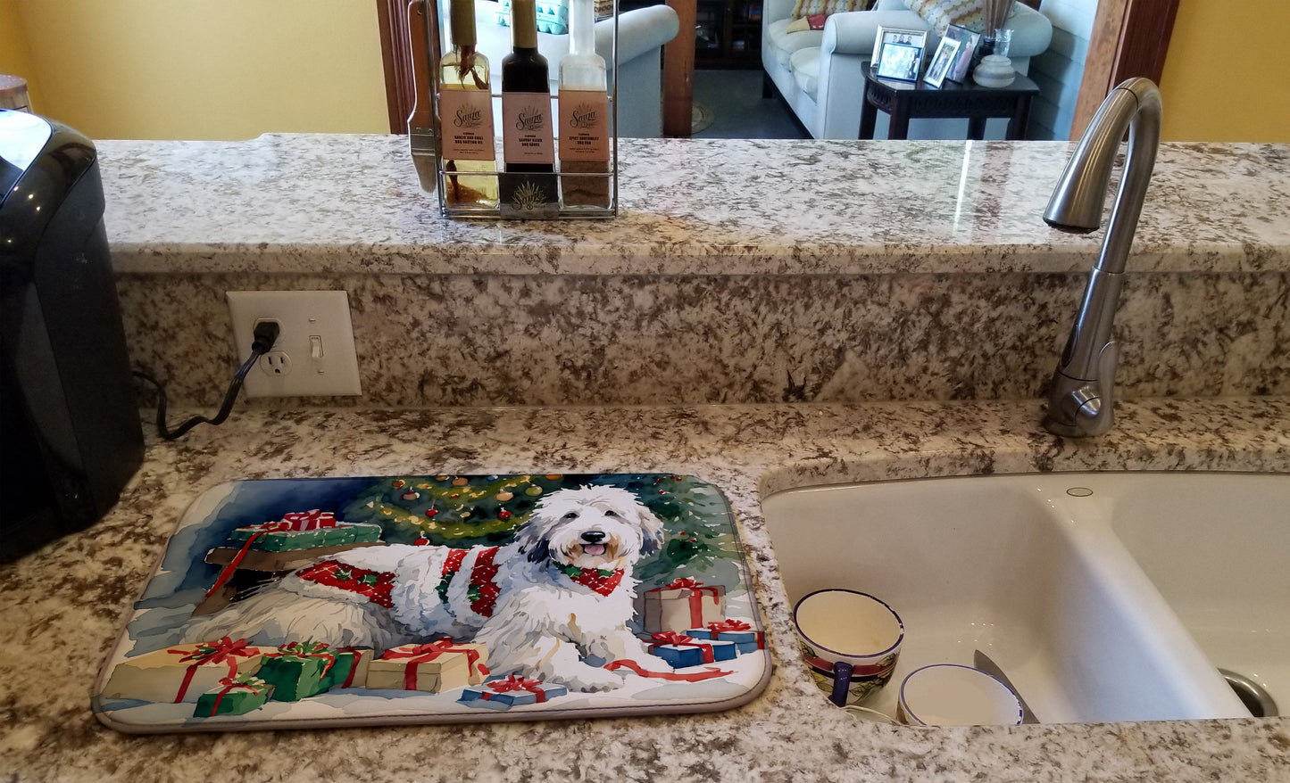 Old English Sheepdog Cozy Christmas Dish Drying Mat