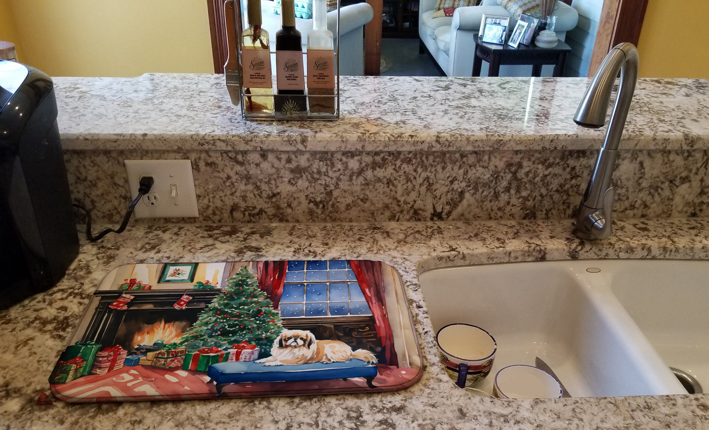 Pekingese Cozy Christmas Dish Drying Mat