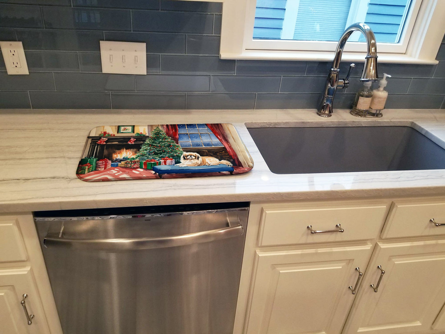 Pekingese Cozy Christmas Dish Drying Mat