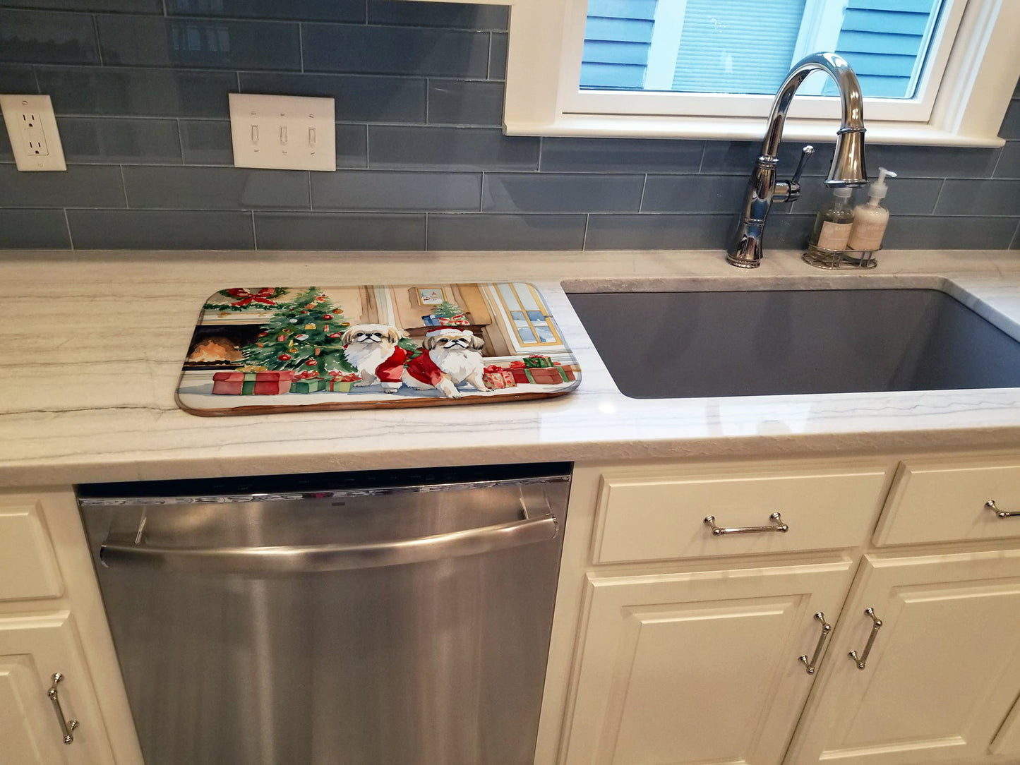 Pekingese Cozy Christmas Dish Drying Mat