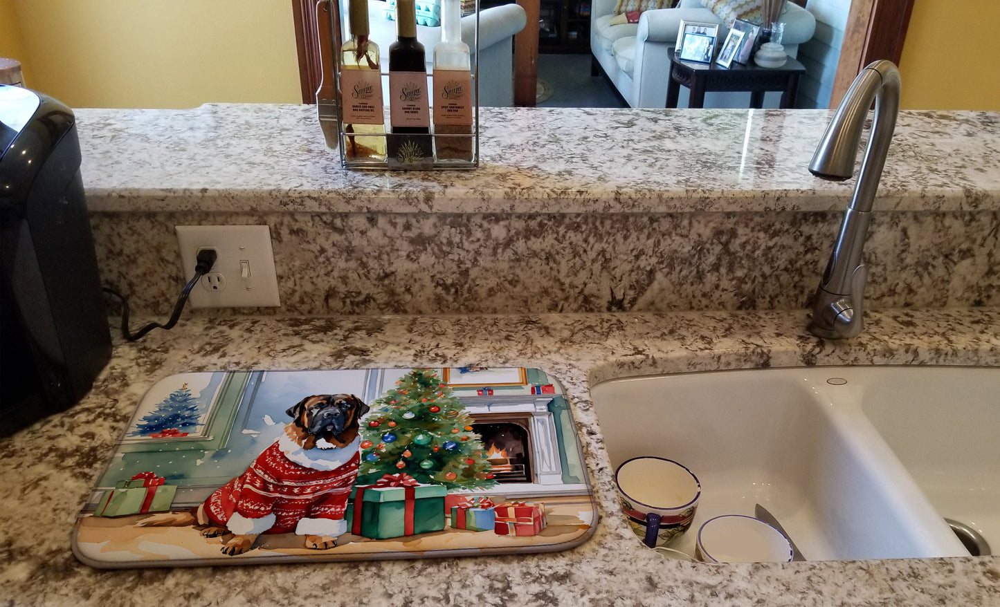 Tibetan Mastiff Cozy Christmas Dish Drying Mat
