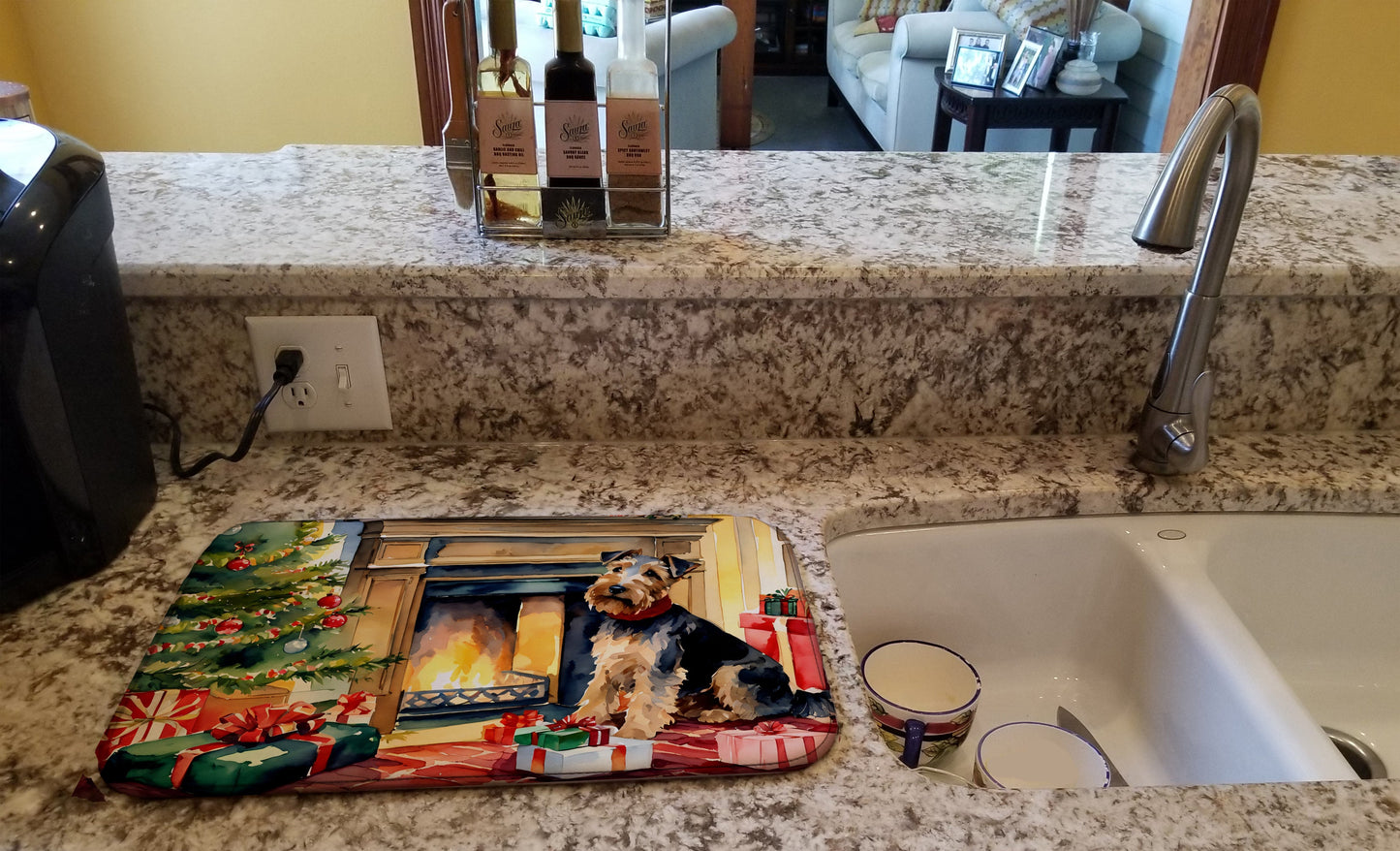 Welsh Terrier Cozy Christmas Dish Drying Mat