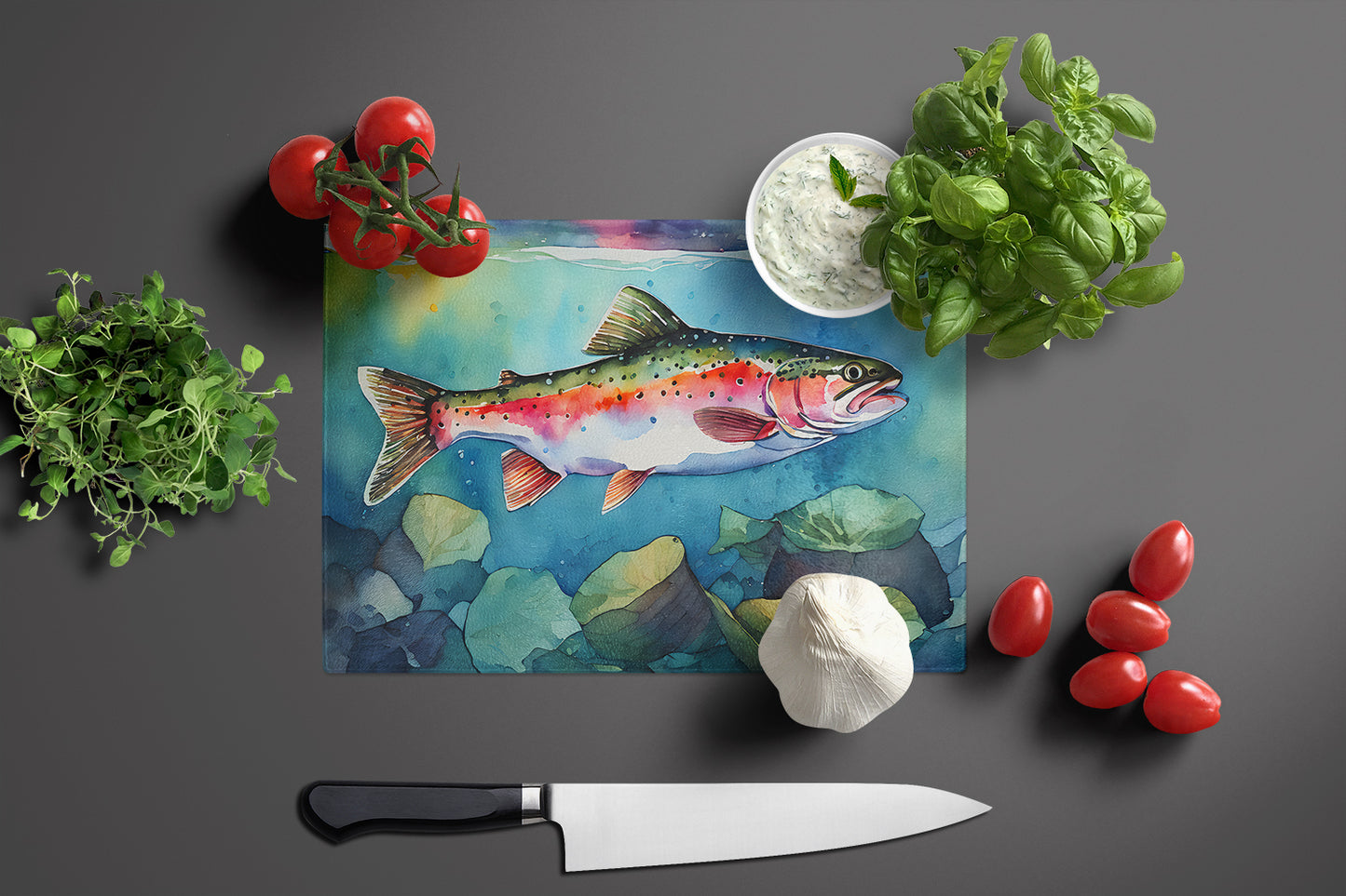 Rainbow Trout Glass Cutting Board