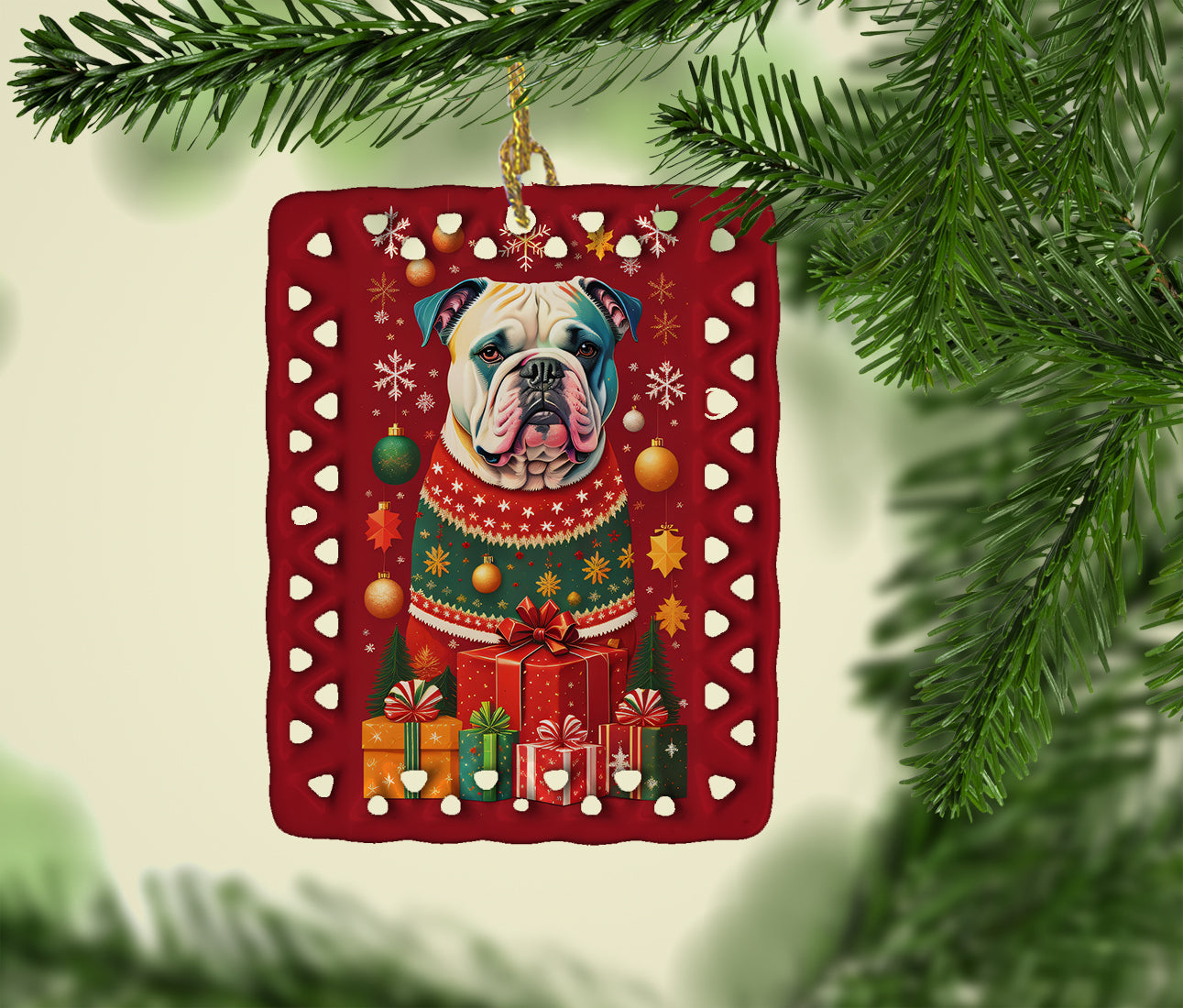 American Bulldog Holiday Christmas Porcelain Ornament