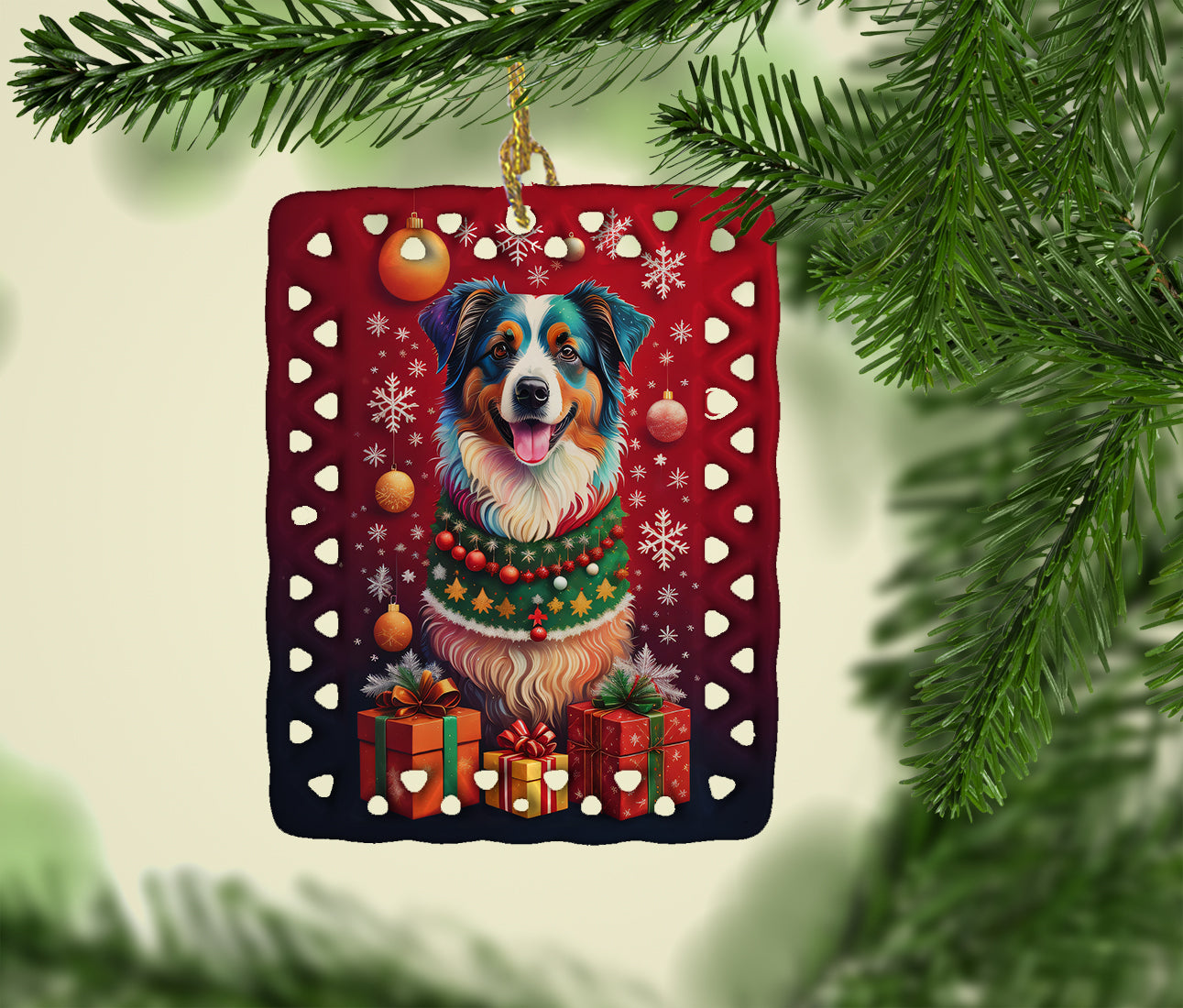 Australian Shepherd Holiday Christmas Porcelain Ornament