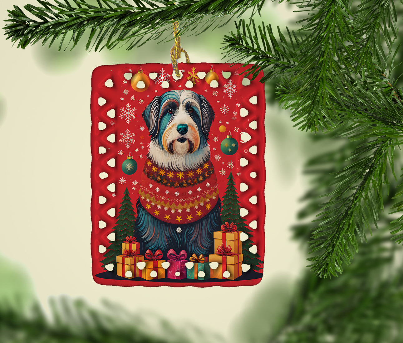 Bearded Collie Holiday Christmas Porcelain Ornament