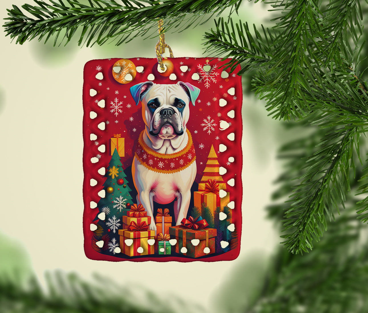 White Boxer Holiday Christmas Porcelain Ornament