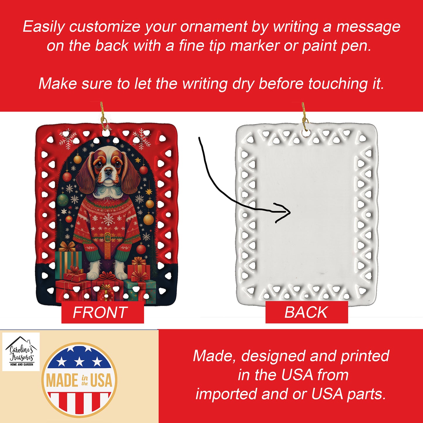 Cavalier Spaniel Holiday Christmas Porcelain Ornament