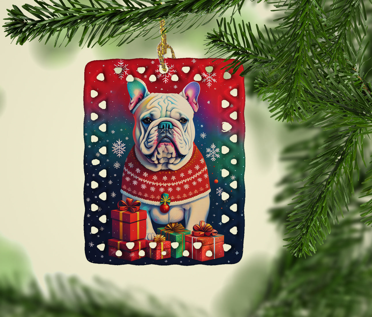 English Bulldog Holiday Christmas Porcelain Ornament
