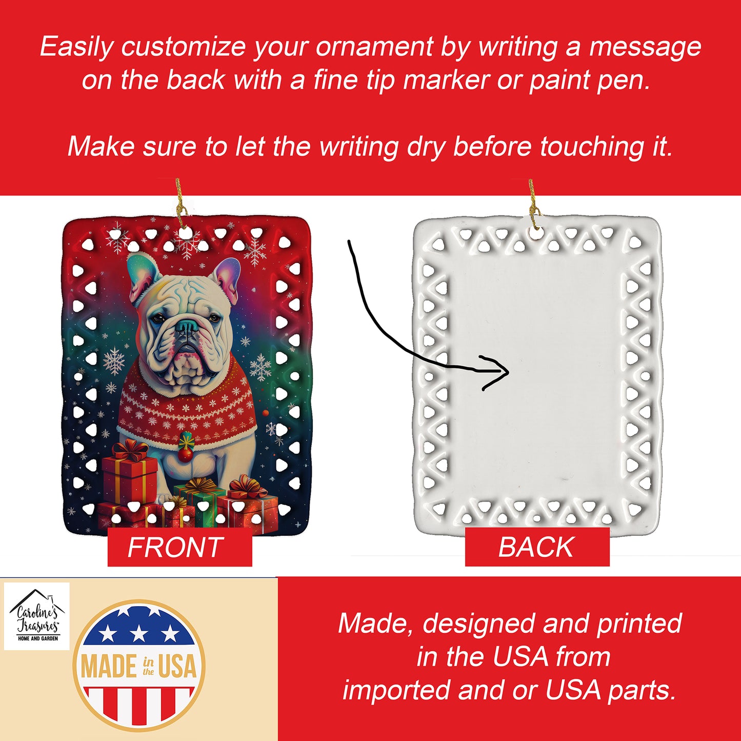 English Bulldog Holiday Christmas Porcelain Ornament