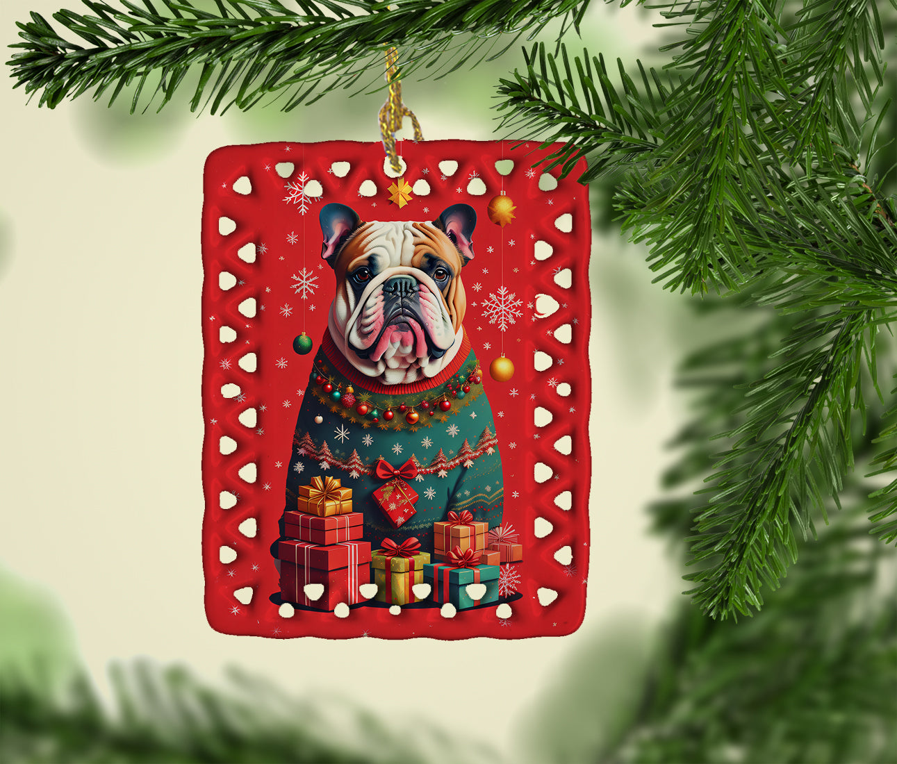 English Bulldog Holiday Christmas Porcelain Ornament