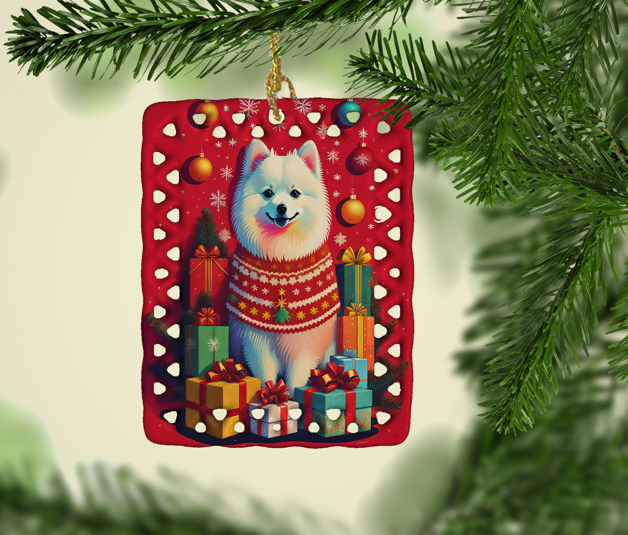 Japanese Spitz Holiday Christmas Porcelain Ornament